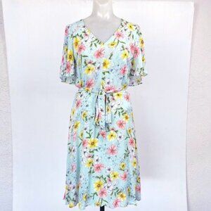Calvin Klein fit and flare floral light blue v-neck  flutter sleeve dress 12